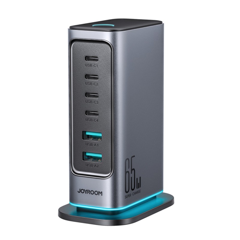 Hišni polnilec 100-240V => 2x USB-A (ž) 4x USB-C 65W GaN Joyroom JR-TCM02 Dark Gray Joyroom Hišni polnilec 100-240V => 2x USB-A (ž) 4x USB-C 65W GaN Joyroom JR-TCM02 Dark Gray