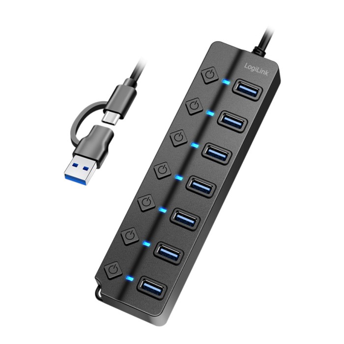 HUB USB-C/A => 7x USB-A z napajanjem 5Gbps/s 3.2Gen1 s stikali LogiLink (UA0420) HUB USB-C/A => 7x USB-A z napajanjem 5Gbps/s 3.2Gen1 s stikali LogiLink (UA0420)