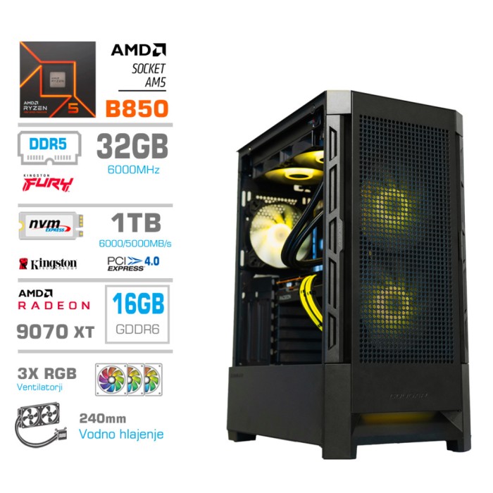 Računalnik MEGA MT S8 R7-9700X/RX9070 XT/32GB-DDR5/2TB-4.0/750W/Brez OS/črna RGB + Estetski napajalni kabli [Rumena / Črna]