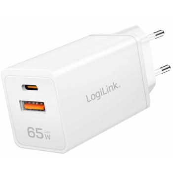 Hišni polnilec 100-240V => 1x USB-C (ž) 1x USB-A (ž) 65W GaN PD3 QC4 LogiLink (PA0371) Hišni polnilec 100-240V => 1x USB-C (ž) 1x USB-A (ž) 65W GaN PD3 QC4 LogiLink (PA0371)