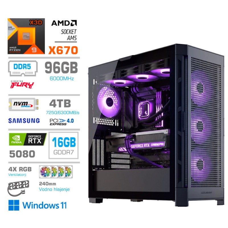 Računalnik MEGA TWR S11 R9-9950X3D/RTX5080/96GB-DDR5/4TB-4.0/1050W/Win11Home/črna RGB + Estetski napajalni kabli [Vijolična / Črna]