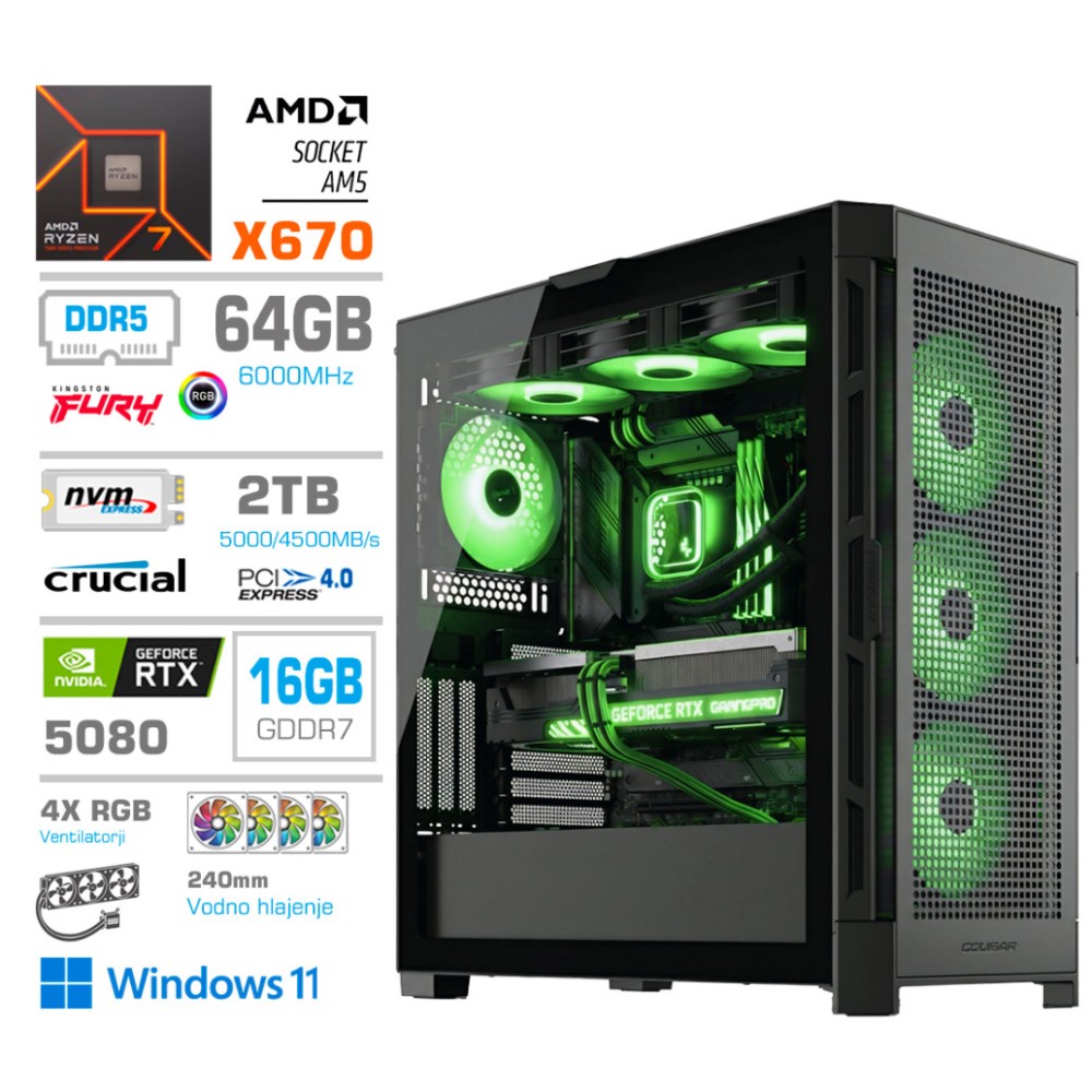 Računalnik MEGA TWR S11 R7-7800X3D/RTX5080/64GB-DDR5/2TB-4.0/1050W/Win11Home/črna RGB + Estetski napajalni kabli [Zelena / Črna]