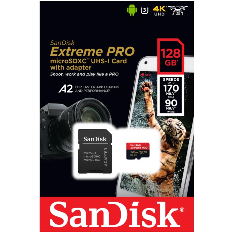 Spominska kartica SDXC-Micro 128GB Sandisk Extreme Plus 190MB/s/90MB/s U3 V30 UHS-I +adapter (SDSQXBD-128G-GN6MA) SANDISK Spominska kartica SDXC-Micro 128GB Sandisk Extreme Plus 190MB/s/90MB/s U3 V30 UHS-I +adapter (SDSQXBD-128G-GN6MA)