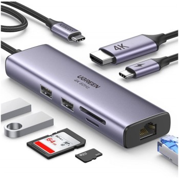 Priklopna postaja USB-C => Ugreen 1xHDMI 2xUSB3.0 USB-C 100W RJ45 čitalec kartic SD/microSD/TF (15531)