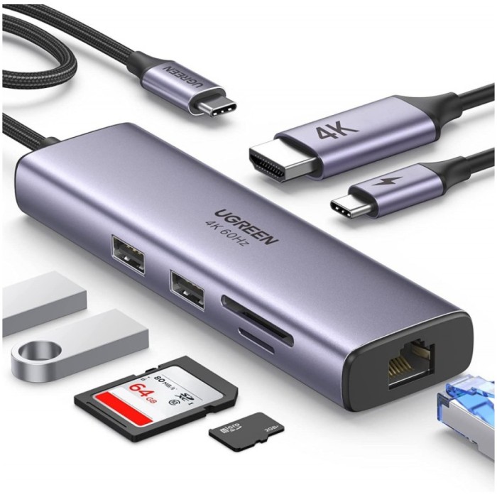 Priklopna postaja USB-C => Ugreen 1xHDMI 2xUSB3.0 USB-C 100W RJ45 čitalec kartic SD/microSD/TF (15531)