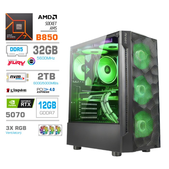 Računalnik MEGA MT S7 R7-9700X/RTX5070/32GB-DDR5/2TB-4.0/750W/Brez OS RGB + Estetski napajalni kabli [Zelena / Črna]