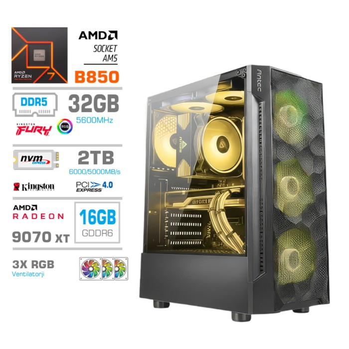Računalnik MEGA MT S7 R7-9700X/RX9070 XT/32GB-DDR5/2TB-4.0/750W/Brez OS RGB + Estetski napajalni kabli [Rumena / Črna]