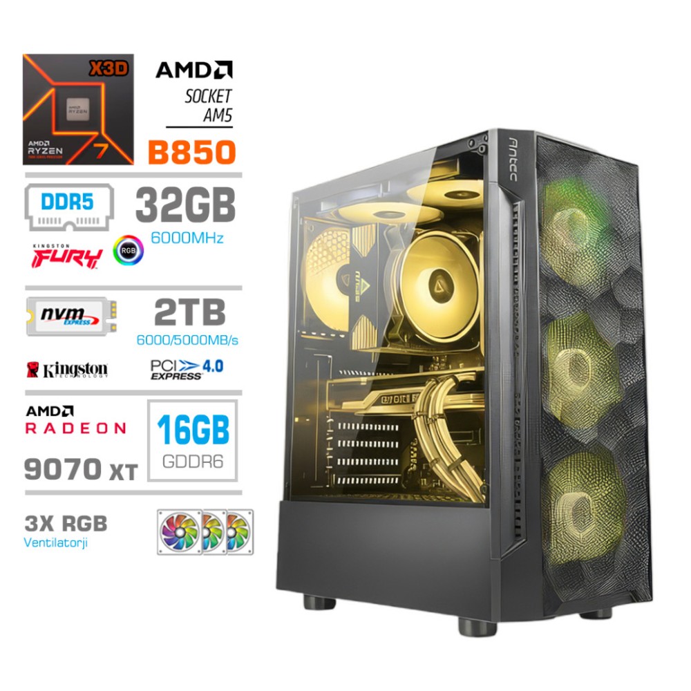 Računalnik MEGA MT S7 R7-7800X3D/RX9070 XT/32GB-DDR5/2TB-4.0/750W/Brez OS RGB + Estetski napajalni kabli [Rumena / Črna]
