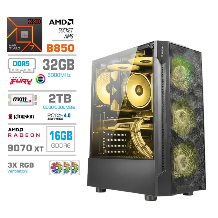 Računalnik MEGA MT S7 R7-7800X3D/RX9070 XT/32GB-DDR5/2TB-4.0/750W/Brez OS RGB + Estetski napajalni kabli [Rumena / Črna]
