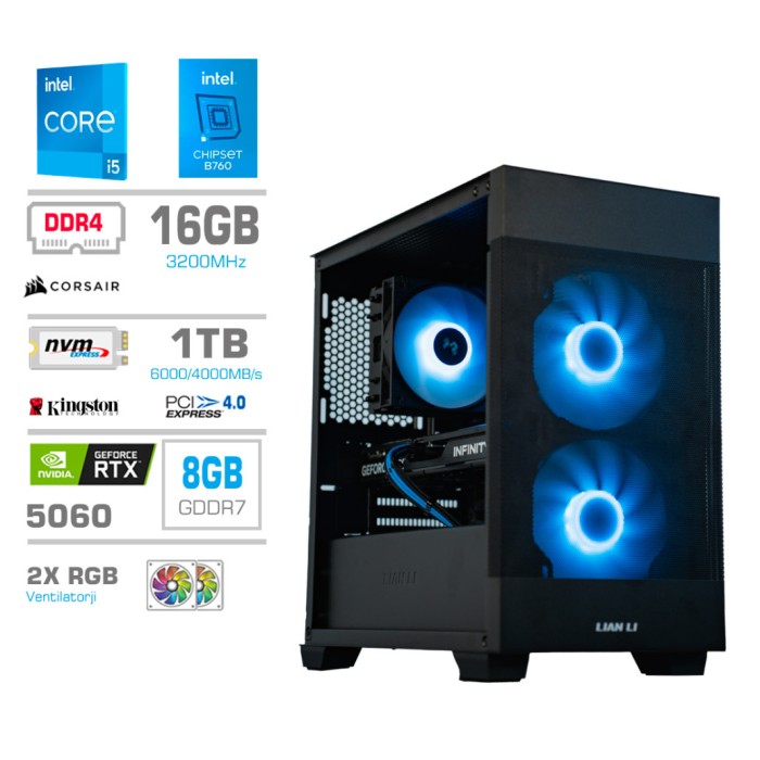 Računalnik MEGA MT S7X i5-14400F/RTX5060/16GB/1TB-4.0/750W/Brez OS/črna RGB + Estetski napajalni kabli [Svetlo modra / Črna]