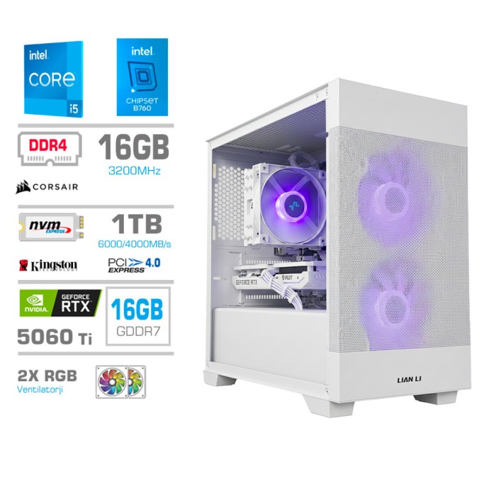 Računalnik MEGA MT S7X i5-14400F/RTX5060Ti-16GB/16GB/1TB-4.0/750W/Brez OS/bela RGB + Estetski napajalni kabli [Vijolična / Bela]