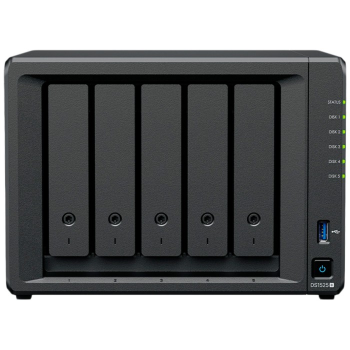NAS ohišje Synology DS1525+ 5x 3.5'' SATA HDD/SSD 2xM.2 2280 NVMe SSD AMD Ryzen V1500B 4-core 2.2 GHz 8GB DDR4 ECC SODIMM 2xRJ452.5GbE 2xUSB3.2 1 1xUSB-C