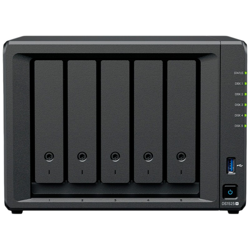 NAS ohišje Synology DS1525+ 5x 3.5 SATA HDD/SSD 2xM.2 2280 NVMe SSD AMD Ryzen V1500B 4-core 2.2 GHz 8GB DDR4 ECC SODIMM 2xRJ452.5GbE 2xUSB3.2 1 1xUSB-C