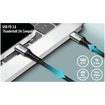Kabel USB-C (m) => USB-C (m) 2.0 najlon ovoj 3,0m 100W 5A/20V 480Mbps LED črn LogiLink (CU0425)