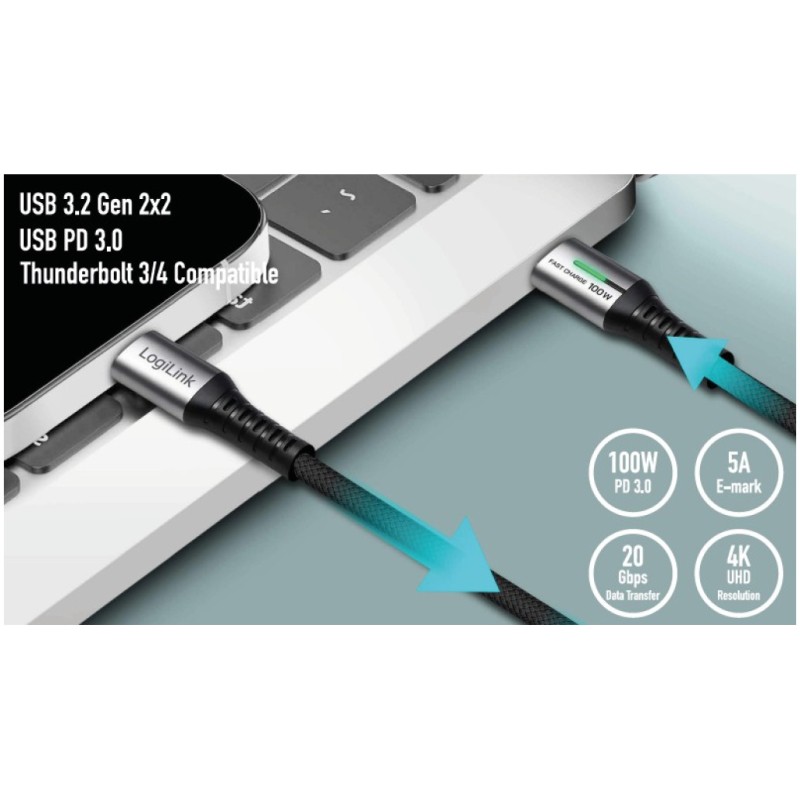 Kabel USB-C (m) => USB-C (m) 3.2 Gen2x2 najlon ovoj 1,0m 100W 5A/20V 20Mbps 4K LED črn LogiLink (CU0432) LOGILINK Kabel USB-C (m) => USB-C (m) 3.2 Gen2x2 najlon ovoj 1,0m 100W 5A/20V 20Mbps 4K LED črn LogiLink (CU0432)