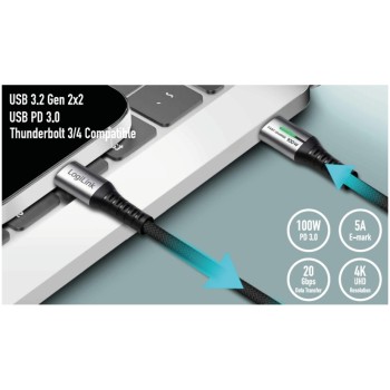 Kabel USB-C (m) => USB-C (m) 3.2 Gen2x2 najlon ovoj 2,0m 100W 5A/20V 20Mbps 4K LED črn LogiLink (CU0434)