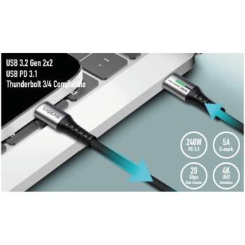 Kabel USB-C (m) => USB-C (m) 3.2 Gen2x2 najlon ovoj 2,0m 240W 5A/48V 20Mbps 4K LED črn LogiLink  (CU0444)