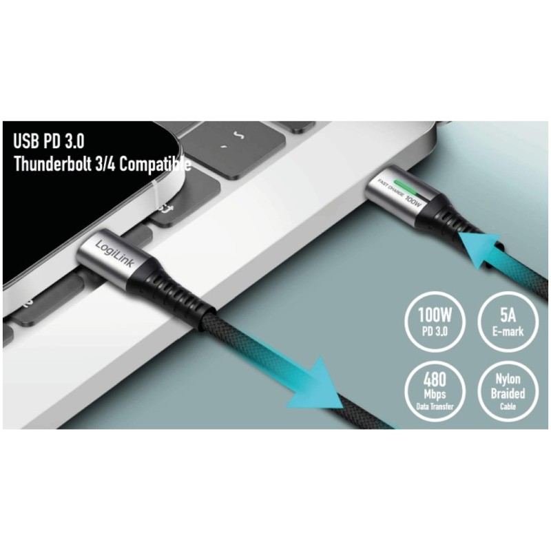 Kabel USB-C (m) => USB-C (m) 2.0 najlon ovoj 1,5m 100W 5A/20V 480Mbps LED črn LogiLink (CU0423) LOGILINK Kabel USB-C (m) => USB-C (m) 2.0 najlon ovoj 1,5m 100W 5A/20V 480Mbps LED črn LogiLink (CU0423)