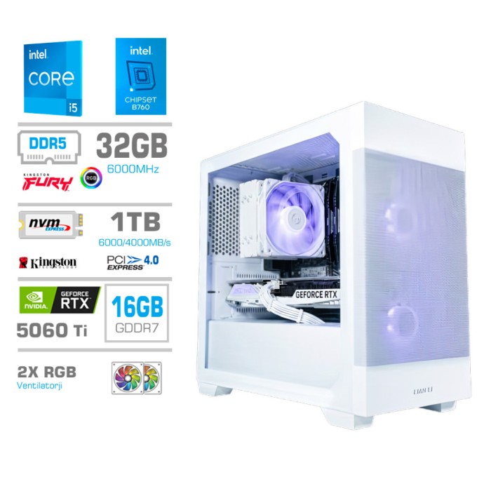 Računalnik MEGA MT S7X i5-14400F/RTX5060Ti-16GB/32GB-DDR5/1TB-4.0/750W/Brez OS/bela RGB + Estetski napajalni kabli [Bela]