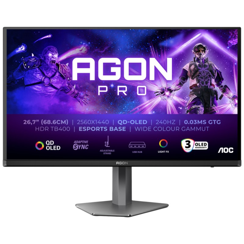 Monitor AOC 68,6 cm (27,0) AG276QZD2 2560x1440 Gaming 280Hz OLED 0,03ms 2xHDMI 2xDisplayPort 2xUSB3.2 Pivot Zvočniki 2x5W  2H DCI-P3-99% AdaptiveSync G-Sync Compatible HDR400 AgonPro