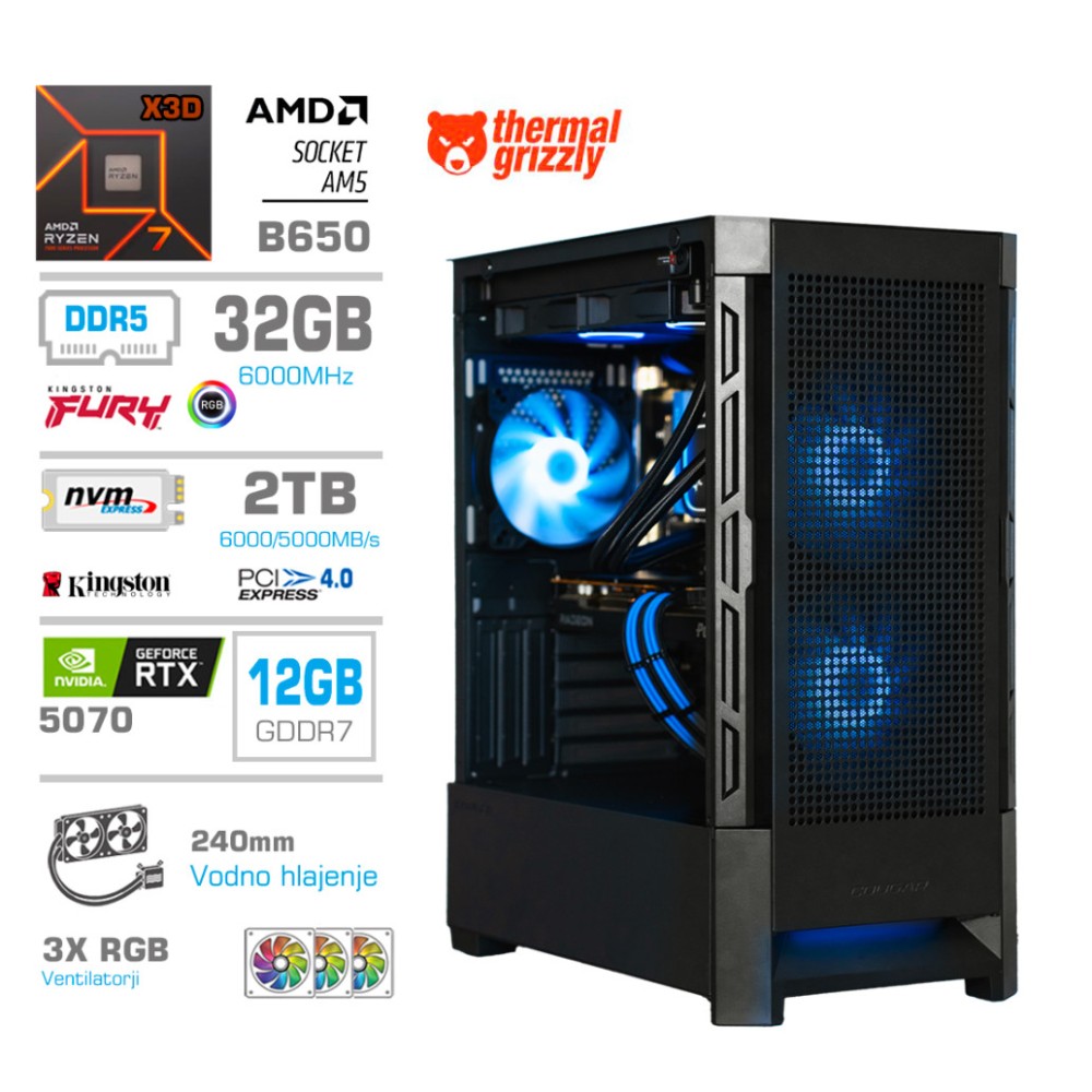 Računalnik MEGA MT S8 R7-7800X3D/RTX5070/32GB-DDR5/2TB/750W/Brez OS/črna RGB + Estetski napajalni kabli [Svetlo modra / Črna]