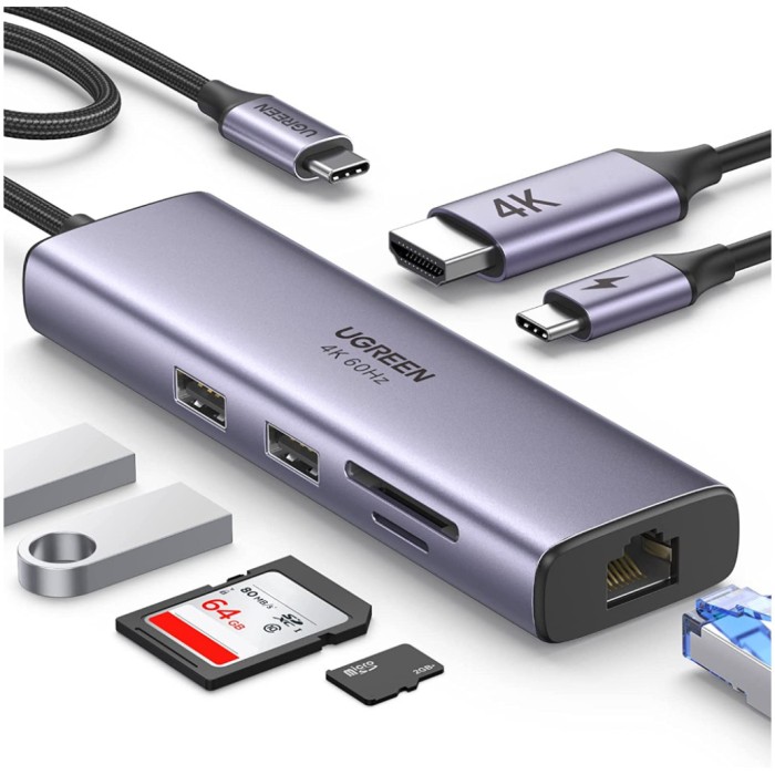 Priklopna postaja USB-C => 2x USB3.0 tip A 1x USB-C PD 100W 1x HDMI 1x RJ45 1x čitalec kartic SD/microSD Ugreen Priklopna postaja USB-C => 2x USB3.0 tip A 1x USB-C PD 100W 1x HDMI 1x RJ45 1x čitalec kartic SD/microSD Ugreen