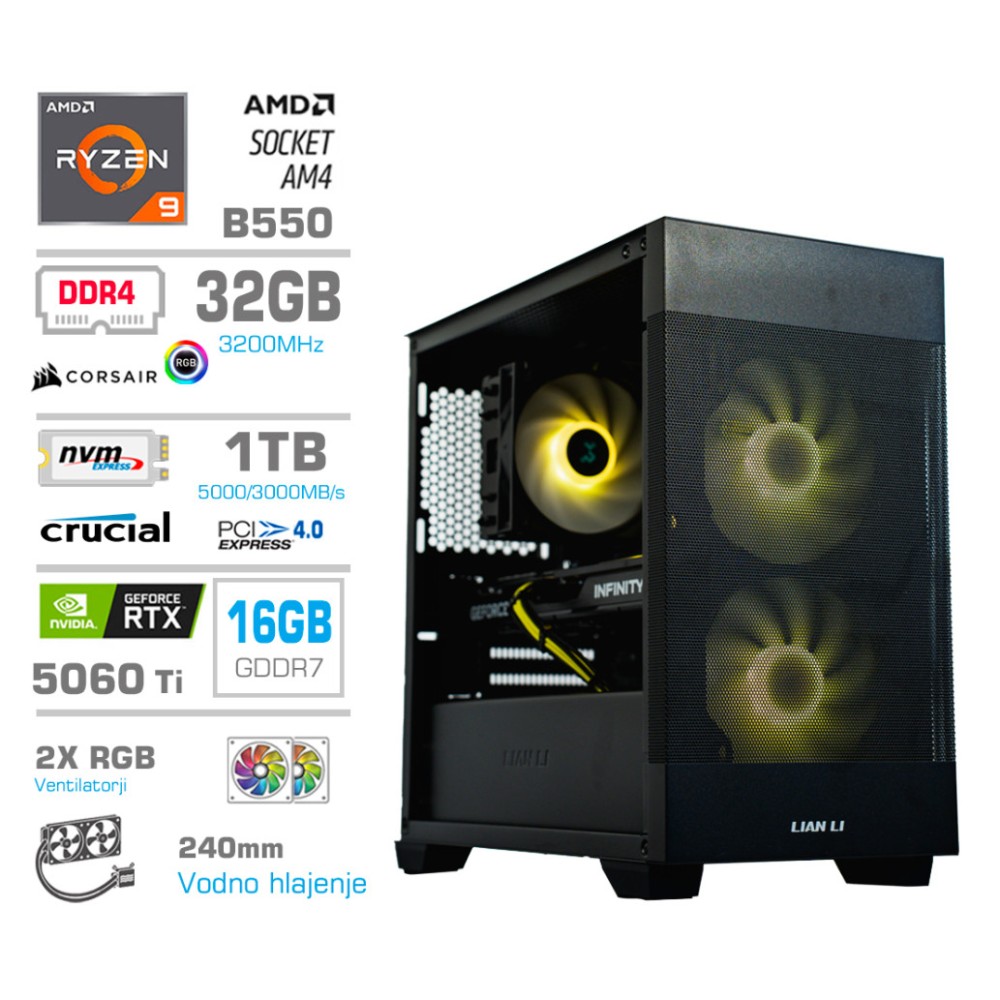 Računalnik MEGA MT S7X R9-5950X/RTX5060Ti-16GB/32GB/1TB/750W/Brez OS/RGB + Estetski napajalni kabli [Rumena / Črna]