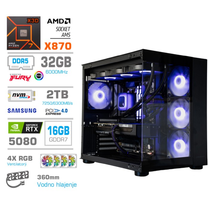 Računalnik MEGA MT S5 R7-9850X3D/RTX5080/32GB-DDR5/2TB/1050W/Brez OS/črna RGB + Estetski napajalni kabli [Vijola / Črna]