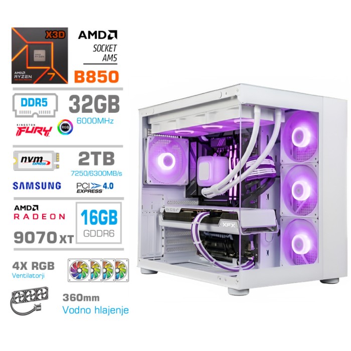 Računalnik MEGA MT S5 R7-9850X3D/RX9070 XT/32GB-DDR5/2TB/850W/Brez OS/bela RGB + Estetski napajalni kabli [Vijola / Bela]