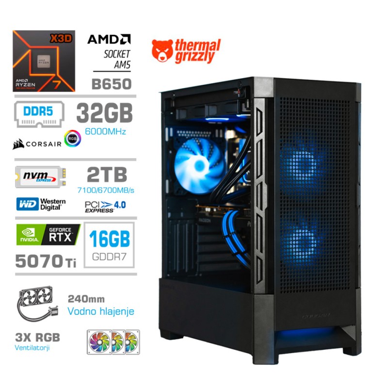 Računalnik MEGA MT S8 R7-7800X3D/RTX5070Ti/32GB-DDR5/2TB/750W/Brez OS/črna RGB + Estetski napajalni kabli [Svetlo modra / Črna]
