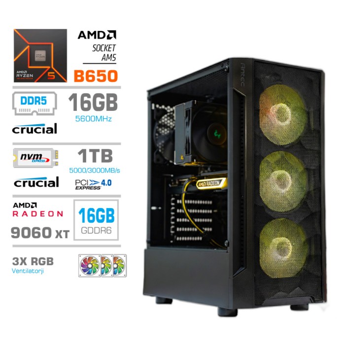 Računalnik MEGA TWR S7 R5-7600/RX9060 XT/16GB-DDR5/1TB/750W/Brez OS RGB + Estetski napajalni kabli [Rumena / Črna]