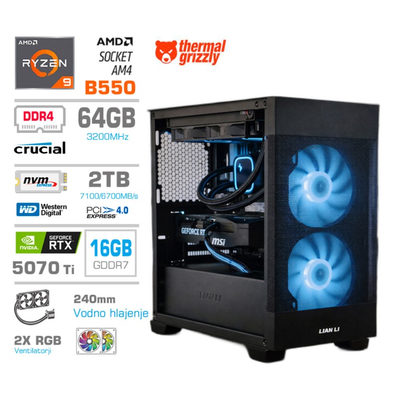 Računalnik MEGA MT S7X R9-5950X/RTX5070Ti/64GB/2TB/750W/Brez OS/črna RGB + Estetski napajalni kabli [Vijola / Črna]