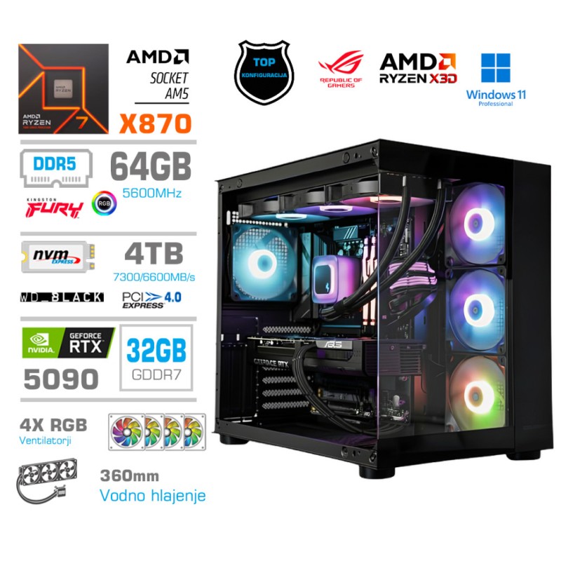 Računalnik MEGA MT S5 R7-9850X3D/RTX5090/64GB-DDR5/4TB/1050W/Brez OS/črna RGB ( ROG Strix )