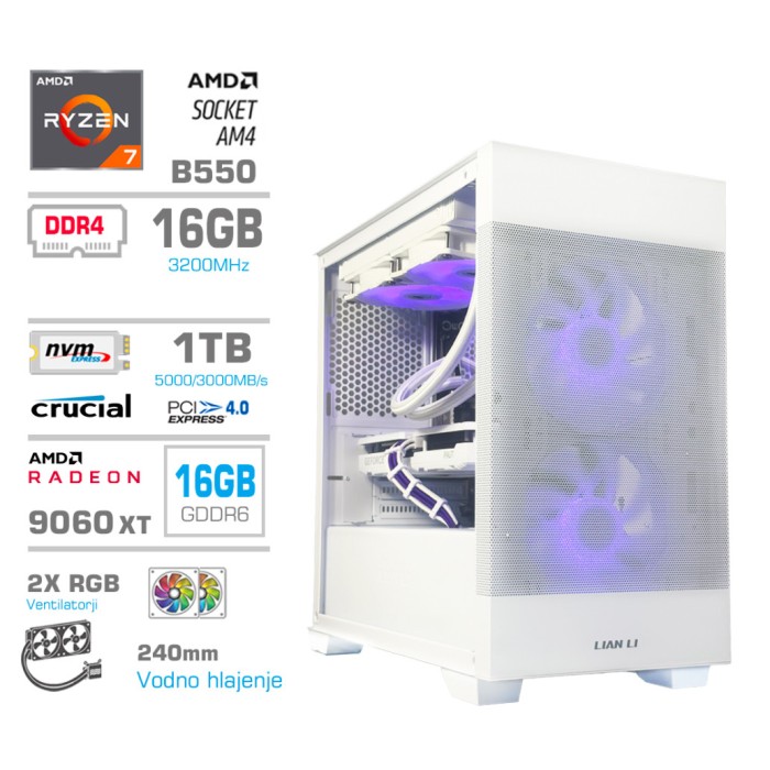 Računalnik MEGA MT S7X R7-5700X/RX9060 XT/16GB/1TB/750W/Brez OS/bela vijolična bel RGB + Estetski napajalni kabli [Vijolična / Bela]