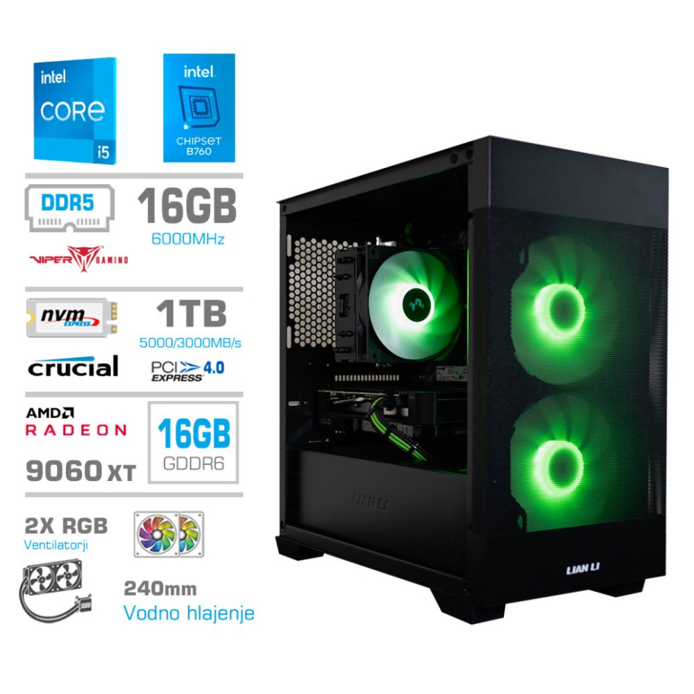 Računalnik MEGA MT S7X i5-14400F/RX9060 XT/16GB/1TB/750W/Brez OS/črna RGB + Estetski napajalni kabli [Zelena / črna]