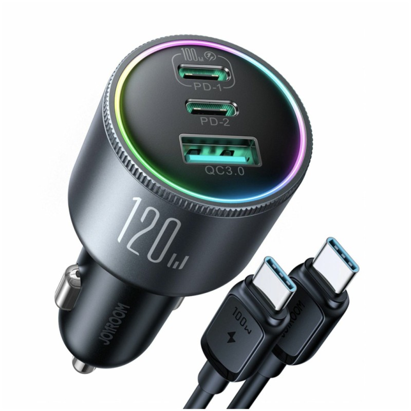 Avto polnilec 12V 24V => 2x USB-C USB-A 120W PD QC črn Joyroom (JR-CCN07 120W)