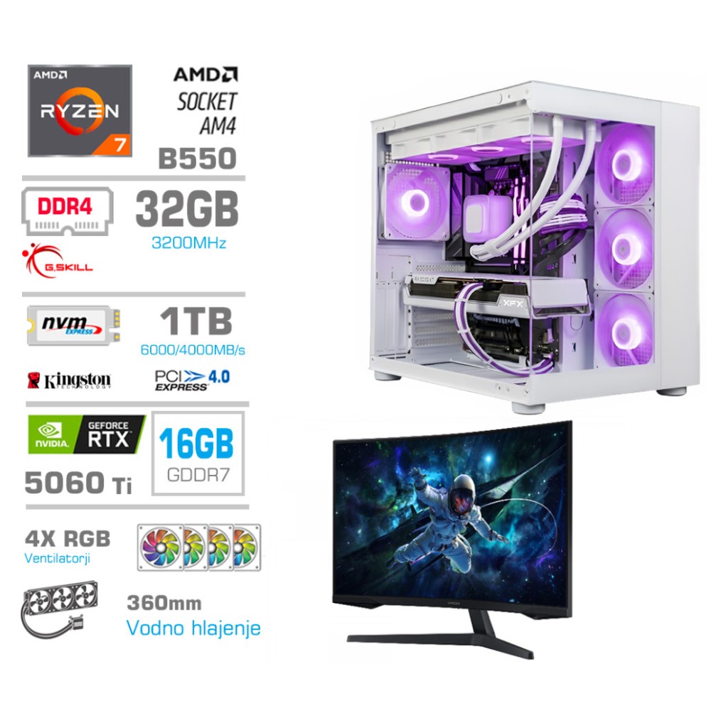 Računalnik MEGA MT S5 R7-5700X/RTX5060Ti-16GB/32GB/1TB/750W/Brez OS/bela RGB | Gaming monitor Dell 27,0 180Hz 4K + Estetski napajalni kabli [Vijolična / Bela]