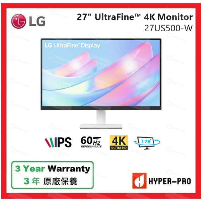 Monitor LG 68,6 cm (27,0) 27US500-W 3840x2160 IPS 5ms 2xHDMI DisplayPort  3H DCI-P3-90% FreeSync HDR10