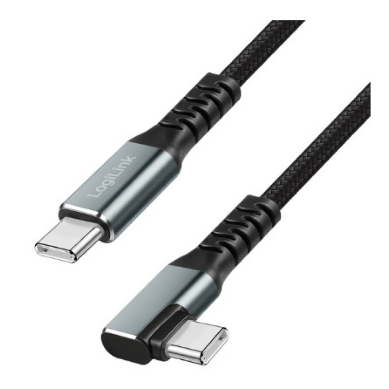 Kabel USB-C (m) => USB-C (m) 3.2 1,0m 100W 5A/20V 10 Gbps 90 kotni pletenj ovoj črn LogiLink (CU0271)