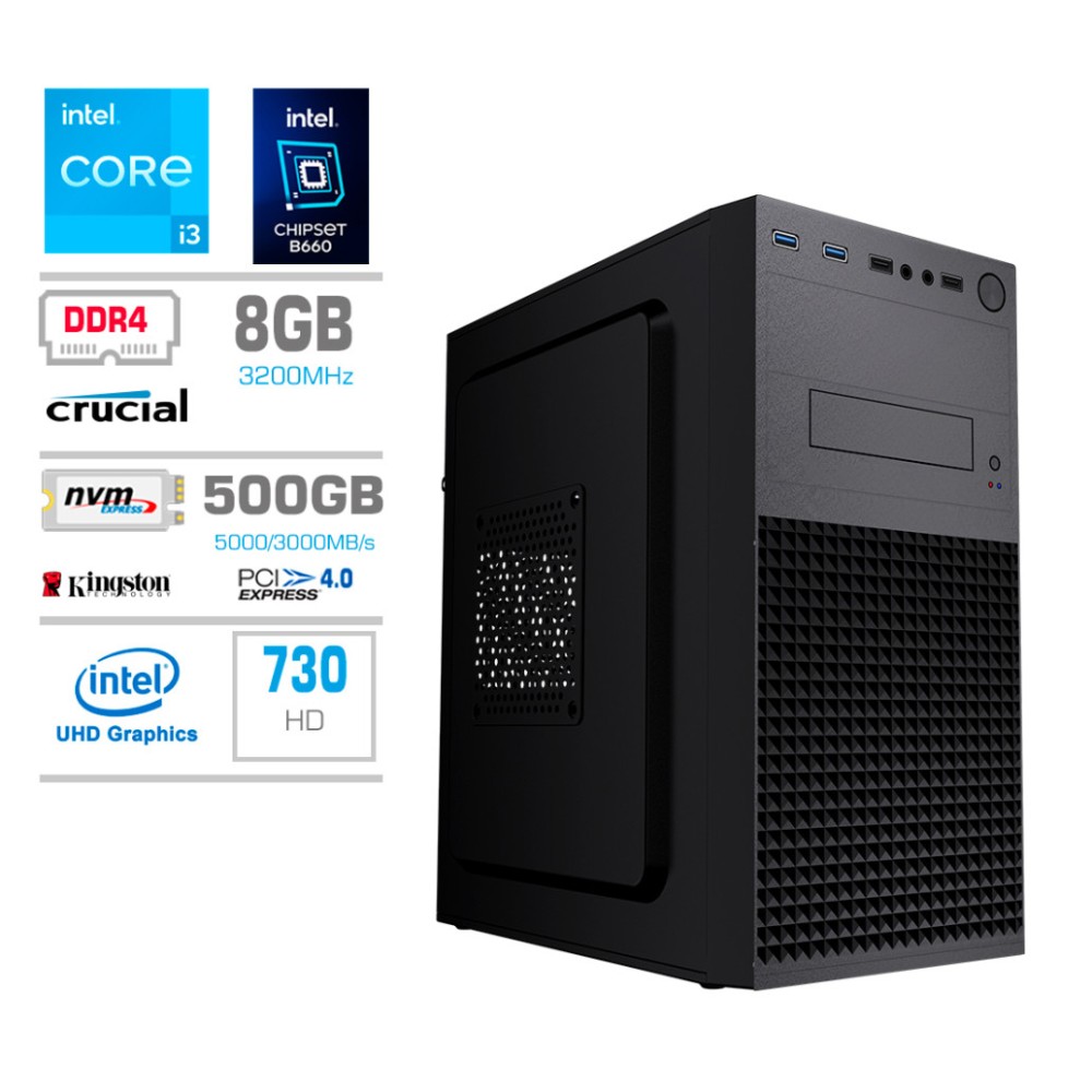 Računalnik MEGA MT S4 i3-14100/Intel 730/8GB/500GB/450W/Brez OS MEGA Računalnik MEGA MT S4 i3-14100/Intel 730/8GB/500GB/450W/Brez OS