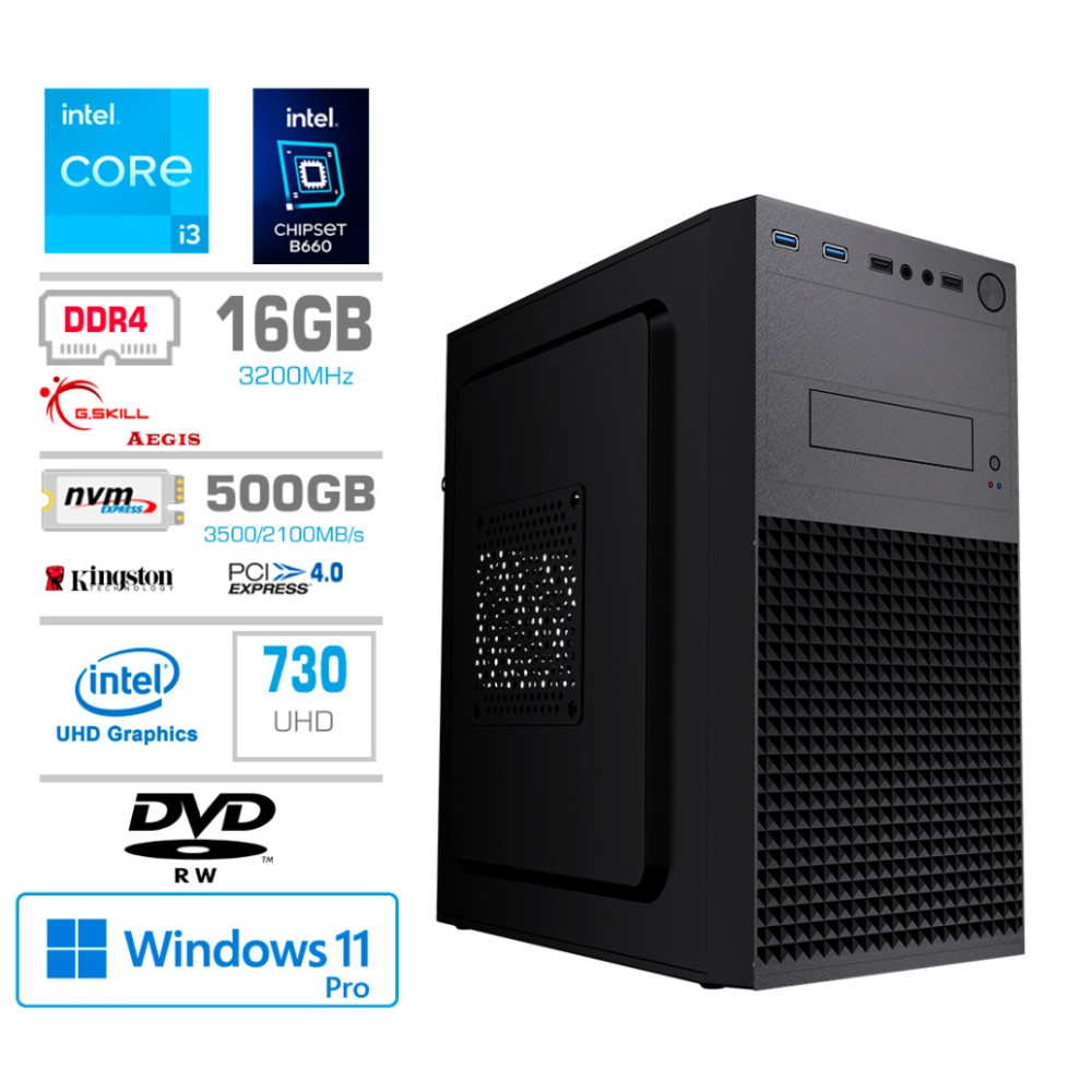 Računalnik MEGA MT S4 i3-14100/Intel 730/16GB/500GB/DVDRW/450W/Win11Pro MEGA Računalnik MEGA MT S4 i3-14100/Intel 730/16GB/500GB/DVDRW/450W/Win11Pro