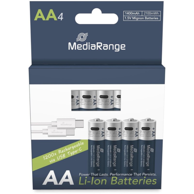 Baterija LR 06 AA 1400mAh polnjenje USB-C 4kom MediaRange (MRBAT161) MediaRange Baterija LR 06 AA 1400mAh polnjenje USB-C 4kom MediaRange (MRBAT161)