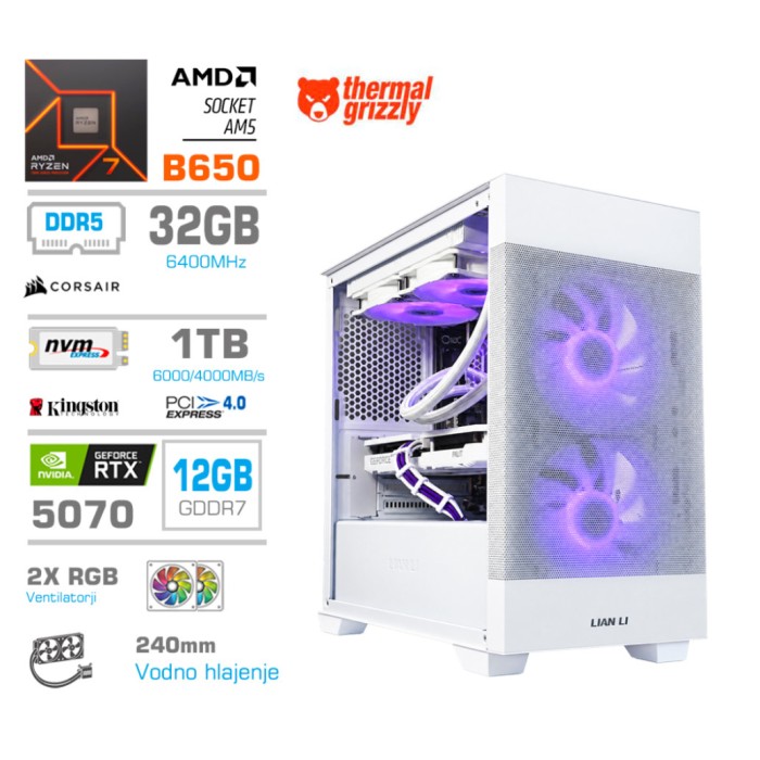 Računalnik MEGA MT S7X R7-7700X/RTX5070/32GB-DDR5/1TB/750W/Brez OS/bela RGB + Estetski napajalni kabli [Vijolična / Bela]
