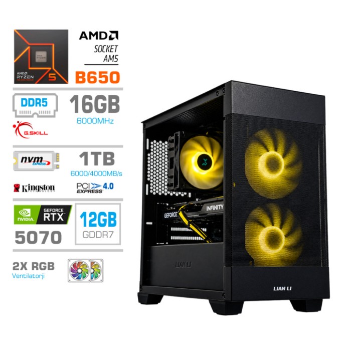 Računalnik MEGA MT S7X R5-9600X/RTX5070/16GB-DDR5/1TB/750W/Brez OS/črna RGB + Estetski napajalni kabli [Rumena / Črna]