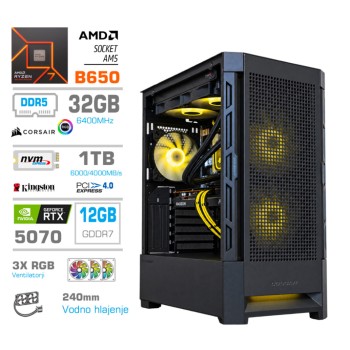 Računalnik MEGA MT S8 R7-9700X/RTX5070/32GB-DDR5/1TB/750W/Brez OS/črna RGB + Estetski napajalni kabli [Rumena / Črna]