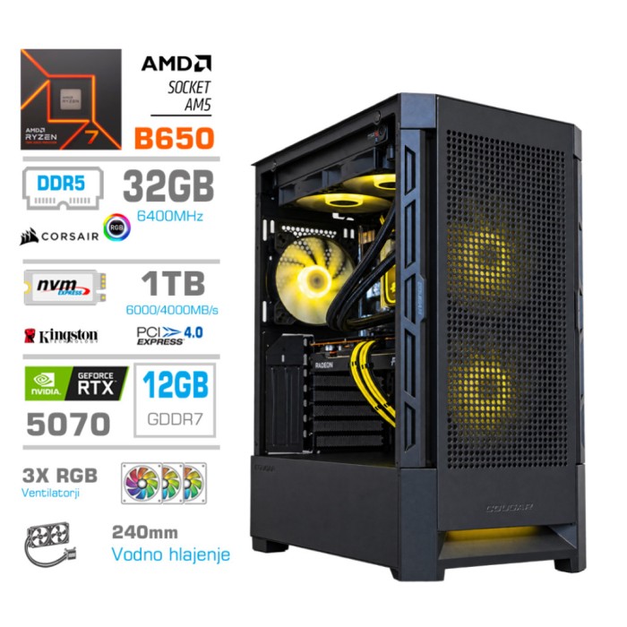 Računalnik MEGA MT S8 R7-9700X/RTX5070/32GB-DDR5/1TB/750W/Brez OS/črna RGB + Estetski napajalni kabli [Rumena / Črna]