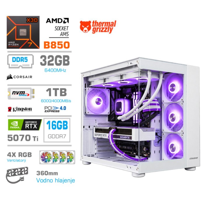 Računalnik MEGA MT S5 R7-7800X3D/RTX5070Ti/32GB-DDR5/1TB/750W/Brez OS/bela RGB + Estetski napajalni kabli [Vijolična / Bela]