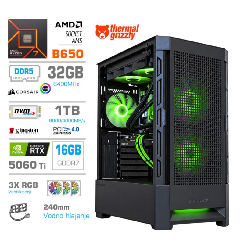 Računalnik MEGA MT S8 R7-7700X/RTX5060Ti-16GB/32GB-DDR5/1TB/750W/Brez OS/črna RGB + Estetski napajalni kabli [Zelena / Črna]