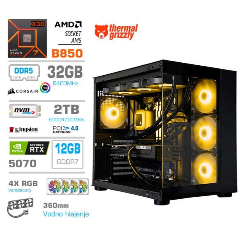 Računalnik MEGA MT S5 R7-9800X3D/RTX5070/32GB-DDR5/2TB/750W/Brez OS/črna RGB + Estetski napajalni kabli [Rumena / Črna]