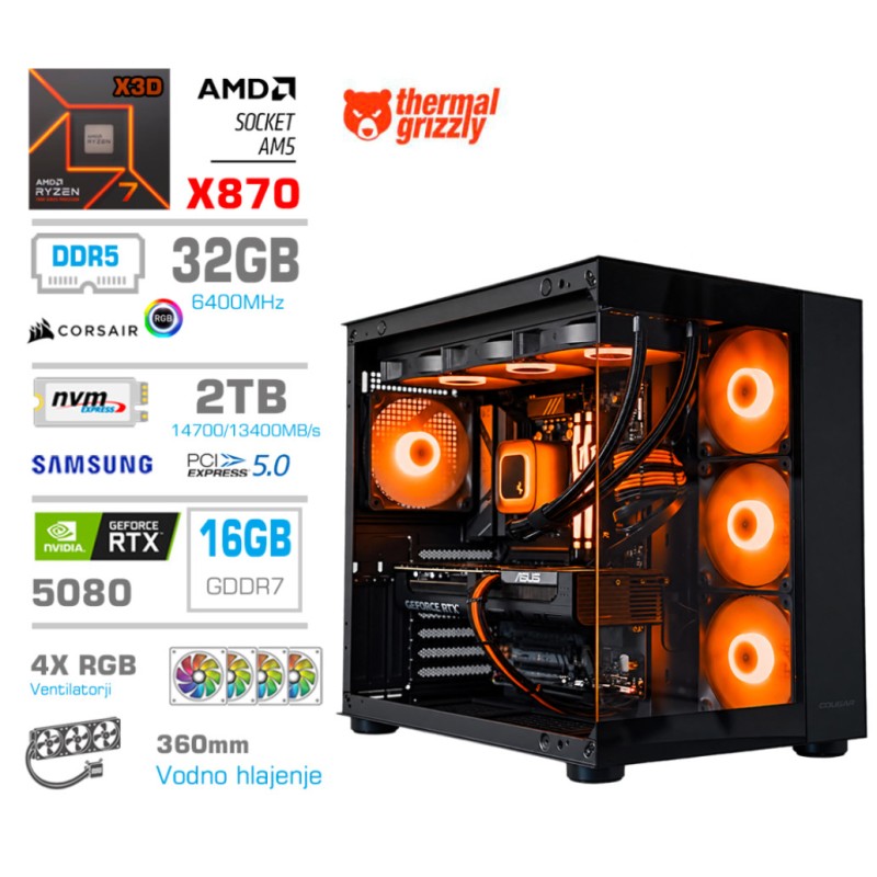 Računalnik MEGA MT S5 R7-9800X3D/RTX5080/32GB-DDR5/2TB-5.0/1050W/Brez OS/črna RGB + Estetski napajalni kabli [Oranžna / Črna]